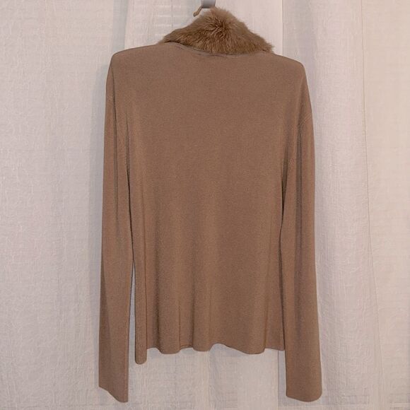Michelle Nicole XL Tan Knit Button Front V-Neck Fox Fur Collar Elegant Cardigan - Picture 2 of 14
